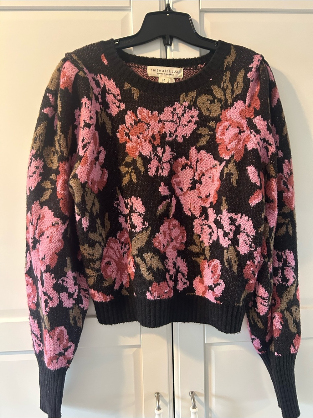 saltwater LUXE Black Crewneck Sweater with Pink Floral Pattern
